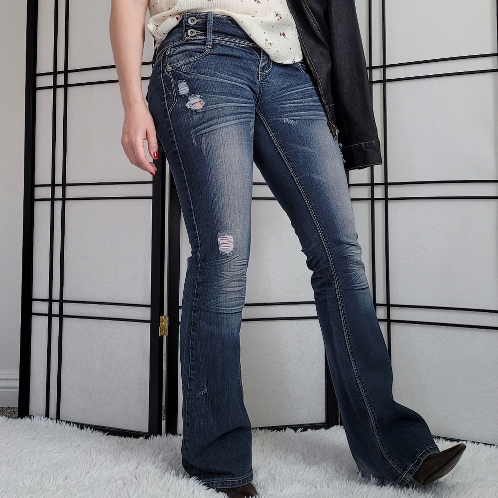 Flare leg jeans, Premier by Rue 21 size 1/2, Y2K era low rise, side button front